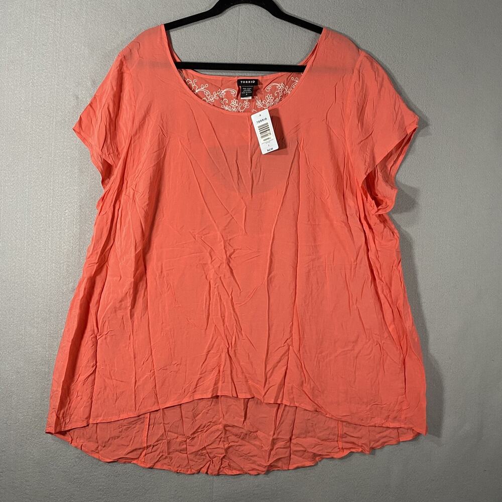 New Torrid Embroidered Challis Short Sleeve Blouse Shirt Pink Coral Womans 3x